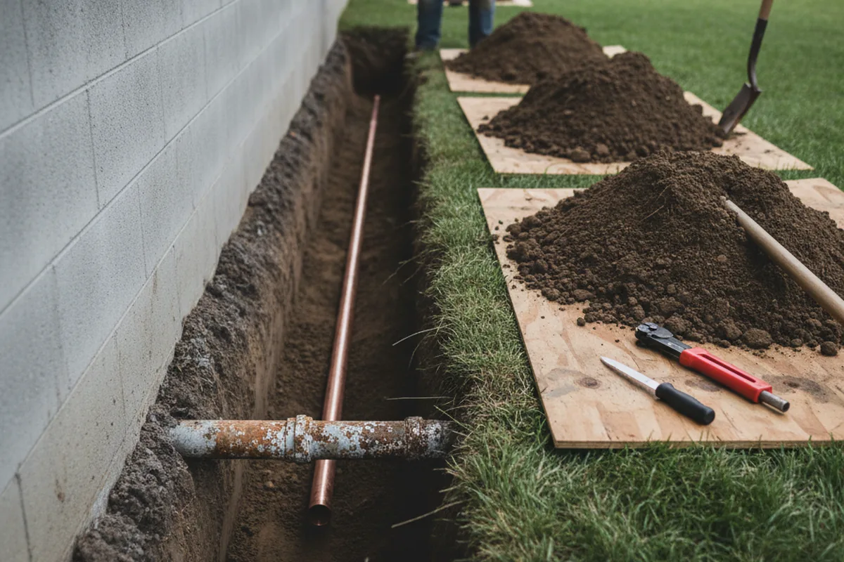 Excavated water line trench during Sewer Line Repair in Chelsea